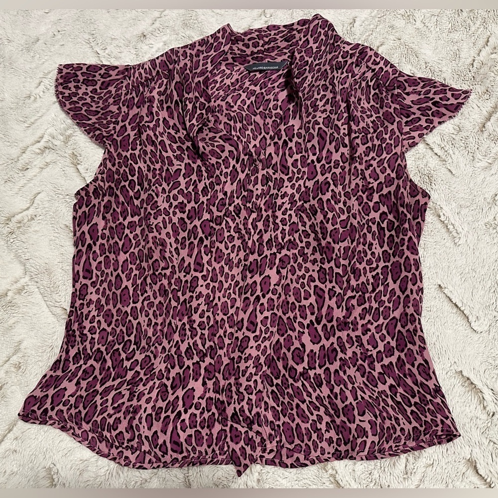 Hillard & Hanson Purple Leopard Print Bow Tie 100% Silk Blouse